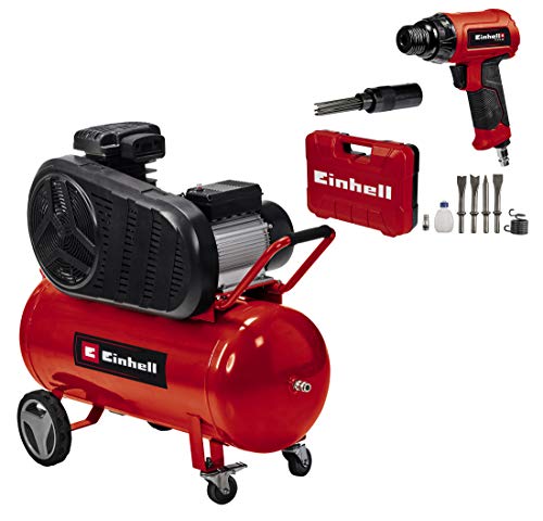 Einhell Kompressor TE-AC 430/90/10 (3000 W, 2850 min-1, 430 L/min Ansaugleistung, Riemenantrieb, bis 10 bar, 90 l-Tank, ölgeschmierte Pumpe, inkl. Druckluft-Meißelhammer TC-PC 45 Set) von Einhell