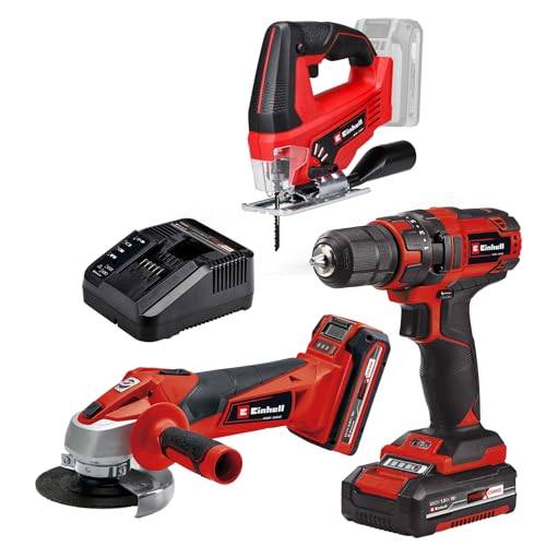 Einhell Maschinen-Set TC-TK 18 Li Kit Power X-Change (Bohrschrauber TC-CD 18/35 Li + Winkelschleifer TC-AG 18/115 Li, inkl. 1,5 Ah und 3,0 Ah Akku) + Einhell Akku-Stichsäge TC-JS 18 Li-Solo von Einhell