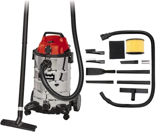 Einhell Nass-Trockensauger TC-VC 1930 SA Kit, Kabellos, Räder (1500 W, 190 mbar Saugleistung, 30 L Edelstahlbehälter, Wasserablassschraube, Automatiksteckdose), Schwarz / Rot von Einhell