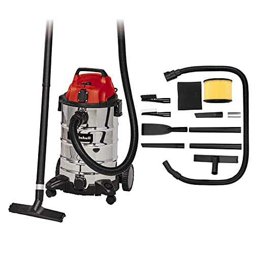 Einhell Nass-Trockensauger TC-VC 1930 SA Kit, Kabellos, Räder (1500 W, 190 mbar Saugleistung, 30 L Edelstahlbehälter, Wasserablassschraube, Automatiksteckdose), Schwarz / Rot von Einhell