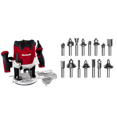 Einhell Oberfräse TE-RO 1255 E (1200 W, Spannzange Ø 6 und 8 mm, 55 mm Hubhöhe, elektronische Drehzahlregulierung, Spindelarretierung, inkl. 15 TLG. Fräser-Set) von Einhell