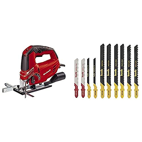 Einhell Stichsäge TC-JS 85 (620 W, max. 85 mm, 45° Schrägschnitt, Hubzahlregelung, 4-Stufen Pendelhub, Absaugadapter, Parallelanschlag, Koffer, inkl. 10-tlg. T-Schaft Sägeblatt-Set) von Einhell