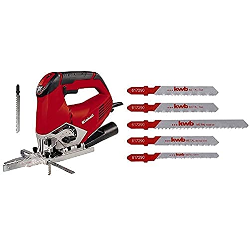 Einhell Stichsäge TE-JS 100 (750 W, max. 100 mm, 45° Schrägschnitt, Hubzahlregelung, 4-Stufen Pendelhub, Absaugadapter, Parallelanschlag, LED-Licht, Koffer, inkl. 5-tlg. T-Schaft Metall-Sägeblatt-Set) von Einhell