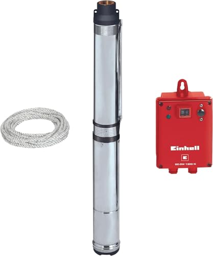 Einhell Tiefbrunnenpumpe GC-DW 1300 N (1300 W, 5.000 l/h max. Fördermenge, 20m max. Eintaucht., Edelstahlgehäuse, Edelstahlsieb, inkl. 22m Ablassseil), silber von Einhell