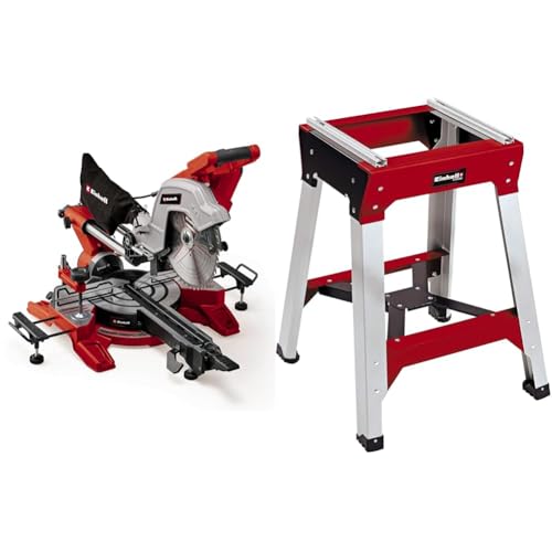 Einhell Zug-Kapp-Gehrungssäge TE-SM 10 L Dual (2.100 W, Ø 254 mm Sägeblatt, 305 mm Schnittbreite, 85 mm Schnitttiefe, Schnittlinienlaser, beidseitige Sägekopfneigung, inkl. E-Stand) von Einhell
