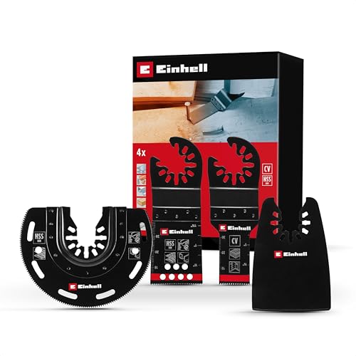 Original Einhell 4-tlg. Multitool-Set (BIM-Tauchsägeblatt, BIM-Halbrund-Sägeblatt, CrV-Tauchsägeblatt und flexibler Schaber mit Open Back Quick Change Aufnahme für gängige Multitools) von Einhell