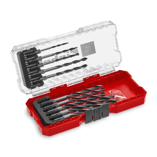 Original Einhell S-CASE 10-tlg. Holzbohrer-Set (zweispiralig, aus rollgewalztem C45 Werkzeugstahl, E 6.3 Schaft, 3-Punkt-Anschliff, Zentrierspitze inkl. Aufbewahrungsbox), ‎Rot von Einhell