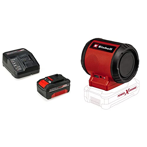 Original Einhell Starter Kit 4,0 Ah Akku und Ladegerät Power X-Change (Li-Ion, 18 V, 75 min Ladezeit, passend für alle Power X-Change Geräte, inkl. Akku-Lautsprecher TC-SR 18 Li BT - Solo) von Einhell