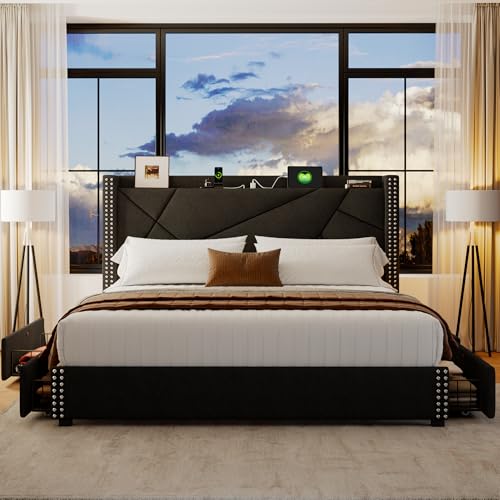 Einhomn Gepolstertes Kingsize-Bettgestell mit 4 Schubladen, Plattform-Bettgestell mit Ladestation, modernes geometrisches Flügelkopfteil, kein Boxspring erforderlich, Schwarz Einhomn Gepolstertes Kingsize-Bettgestell mit 4 Schubladen, Plattform-Bettgestell mit Ladestation, modernes geometrisches Flügelkopfteil, kein Boxspring erforderlich, Schwarz von Einhomn