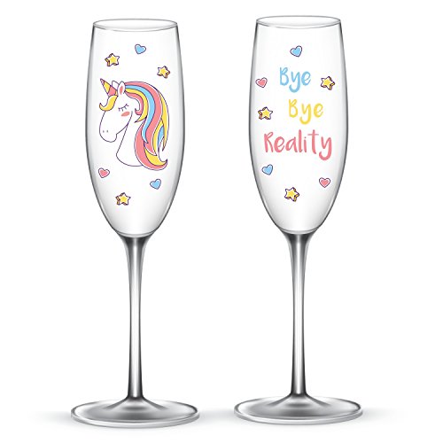 EinhornLiebe Sektgläser Set Einhorn Glas Bye Bye Reality für Champagner oder Sekt 2 Stück im Geschenk Karton von EinhornLiebe