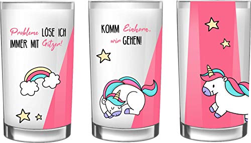 EinhornLiebe Einhorn Trink-gläser Milch-glas 3-er Set nicht spülmaschinenfest Durchmesser 7,4 cm, Höhe 11,5 cm von EinhornLiebe