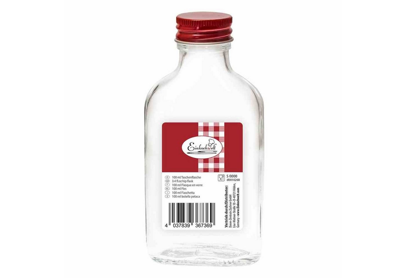 Einkochwelt Vorratsdose Taschenflasche weiß 100 ml mit roter Verschraubung 28 mm, Glas von Einkochwelt