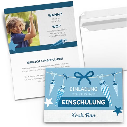 10 Einladungskarten Einschulung mit Foto und Text personalisiert mit Umschlägen Schuleinführung Schulkind Schulanfang Motiv Blau Schultüte Jungen Einladung 10 Einladungskarten Einschulung mit Foto und Text personalisiert mit Umschlägen Schuleinführung Schulkind Schulanfang Motiv Blau Schultüte Jungen Einladung von Einladungskarten Manufaktur Hamburg