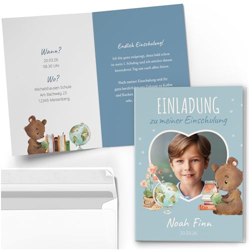 10 Einladungskarten Einschulung mit Foto und Text personalisiert mit Umschlägen Motiv Herz niedlich blau Einladung Schuleinführung Schulkind Jungen 10 Einladungskarten Einschulung mit Foto und Text personalisiert mit Umschlägen Motiv Herz niedlich blau Einladung Schuleinführung Schulkind Jungen von Einladungskarten Manufaktur Hamburg