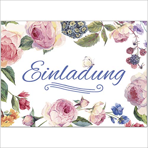 10 x Einladungskarten und 10 Umschläge im Set für jeden Anlass/Rosen Vintage Schmetterling/Einladung Geburtstag/Party/Einweihung/Feier/Geburtstagseinladungen Din A6 von Einladungskarten Manufaktur Hamburg