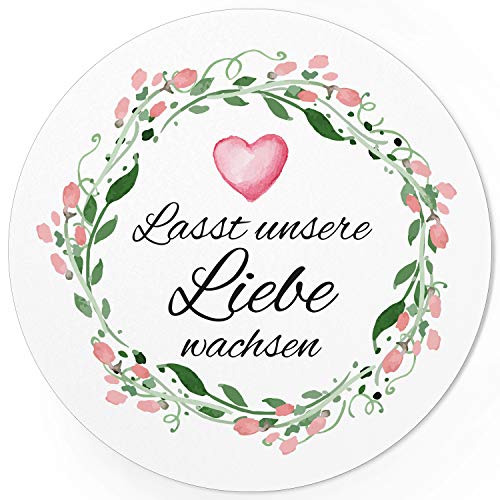 24 runde Design Etiketten - Lasst unsere Liebe wachsen - Aufkleber für Gastgeschenke - Motiv: Vintage Rosen mit Herz von Einladungskarten Manufaktur Hamburg