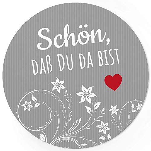 24 runde Design Etiketten - Schön, dass Du da bist Aufkleber für Gastgeschenke - Motiv: Grau Streifen Blumen mit rotem Herz von Einladungskarten Manufaktur Hamburg