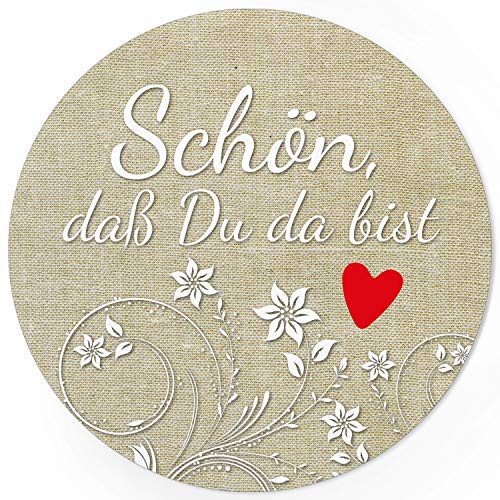24 runde Design Etiketten - Schön, dass Du da bist Aufkleber für Gastgeschenke - Motiv: Vintage-Look mit weissen Blumen und rotem Herz von Einladungskarten Manufaktur Hamburg