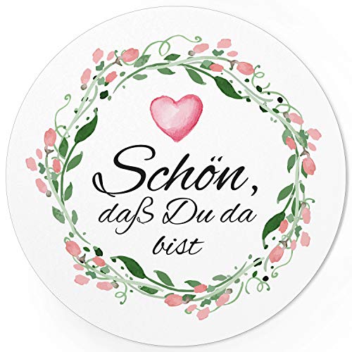 24 runde Design Etiketten - Schön, dass Du da bist Aufkleber für Gastgeschenke - Motiv: Vintage Rosen mit Herz von Einladungskarten Manufaktur Hamburg