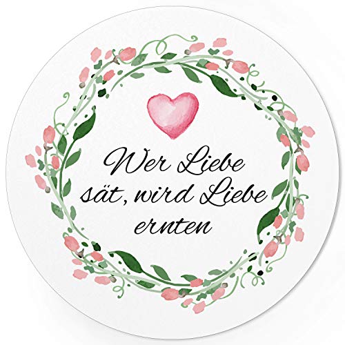 24 runde Design Etiketten - Wer Liebe sät, wird Liebe ernten - Aufkleber für Gastgeschenke - Motiv: Vintage Rosen mit Herz von Einladungskarten Manufaktur Hamburg