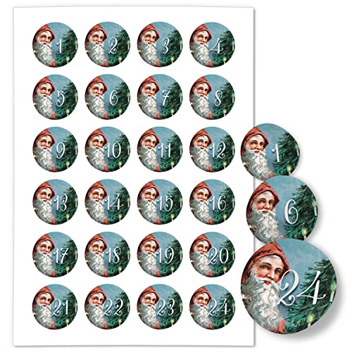 Adventskalender-Zahlen Aufkleber 1 bis 24 / Vintage Weihnachtsmann Bart/Etiketten/Sticker/Weihnachtskalender/Advent/Rund/DIY/zum Aufkleben von Einladungskarten Manufaktur Hamburg