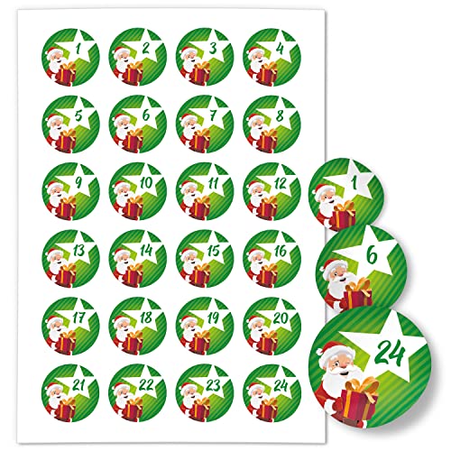 Adventskalender-Zahlen Aufkleber 1 bis 24 / Weihnachtsmann modern grün/Etiketten/Sticker/Weihnachtskalender/Advent/Rund/DIY/zum Aufkleben von Einladungskarten Manufaktur Hamburg