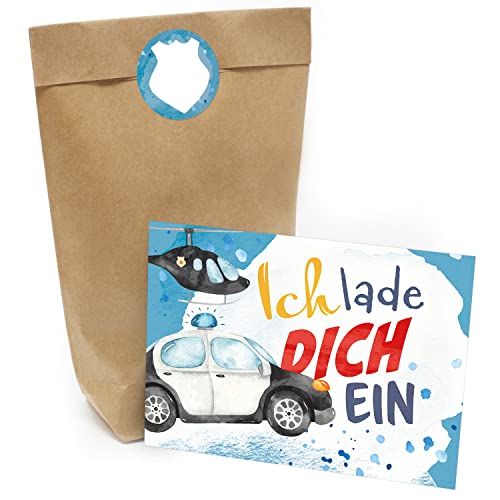 Kindergeburtstag Einladung Set mit je 8 Einladungskarten, Umschlägen, Tüten und Aufkleber - Polizei von Einladungskarten Manufaktur Hamburg