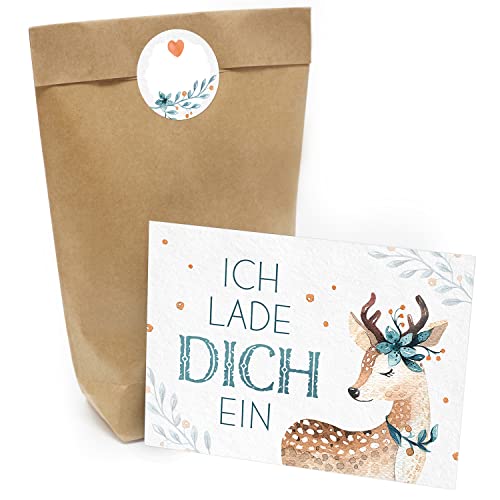 Kindergeburtstag Einladung Set mit je 8 Einladungskarten, Umschlägen, Tüten und Aufkleber - Reh im Winter von Einladungskarten Manufaktur Hamburg