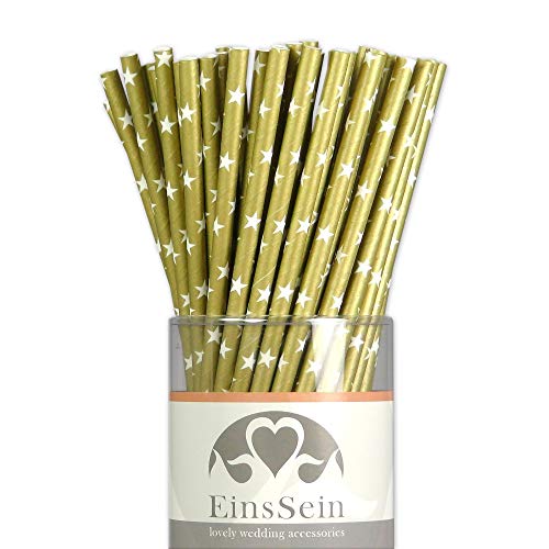 EinsSein 25x Papierstrohhalme Stars Gold-weiß Hochzeit Party Geburtstag Strohhalme Trinkhalme Cake Pops Sticks und Candy Bar-Zubehör Stiele Papier Pappgeschirr Straws von EinsSein