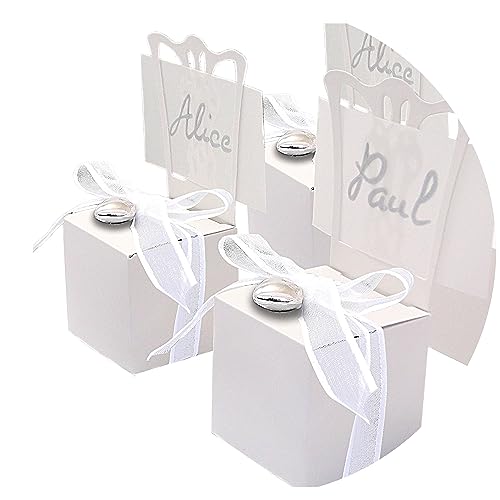 EinsSein 12x Kartonage Stuhl Weiss Gastgeschenke Hochzeit Hochzeitsmandeln Verpackung Box Tischdeko Kartonagen Schachteln Taufe Geschenkboxen Süßigkeiten Taufmandeln Tischkarten Bonboniere Wedding von EinsSein