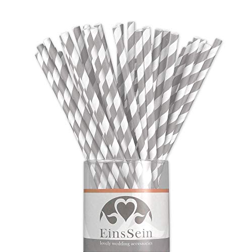 EinsSein 25x Papierstrohhalme Stripes Weiss-Silber Hochzeit Party Geburtstag Strohhalme Trinkhalme Cake Pops Sticks und Candy Bar-Zubehör Stiele Papier Pappgeschirr Straws von EinsSein