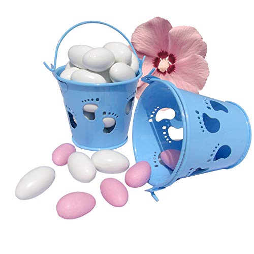 EinsSein 5X Mini Eimer Taufe Füßchen hellblau Gastgeschenke Taufe Weihe Minieimer Taufmandeln Junge Baby Shower kartonage Kinderwagen Babyshower Boy füsse blau tütchen Box Geschenkboxen Kartonagen von EinsSein