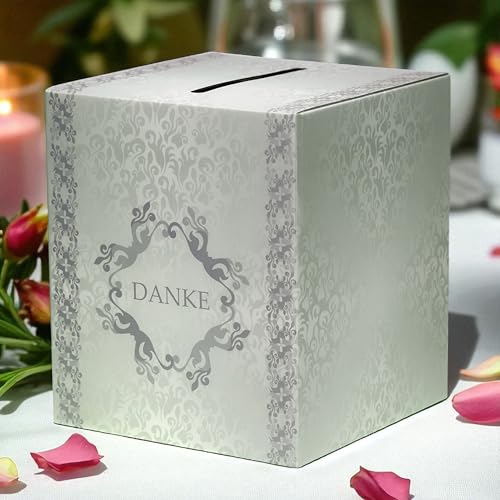 EinsSein 1x Geldbox groß ArtDeco 25x25x29,5cm grau-grün-silber Pappkarton | Hochzeitsbox Kartenbox | Geschenkkartenbox für Hochzeitsempfänge Geburtstage Abschlussfeiern Babyparty von EinsSein