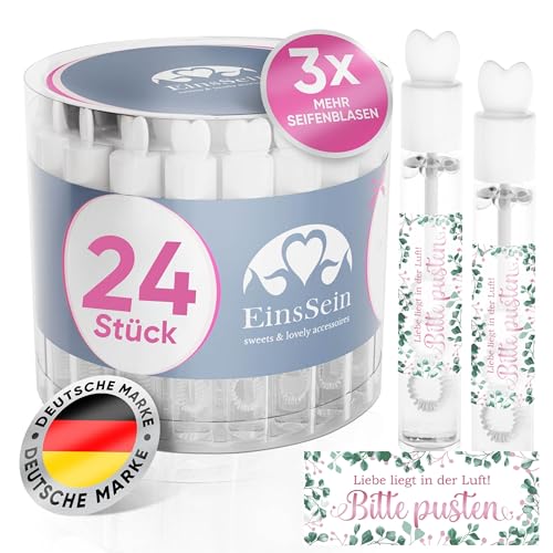 EinsSein Seifenblasen Hochzeit Lovegläschen mit Bitte Pusten rosa-grün Aufkleber - 24 Stück - Set weiss Hochzeitsdeko Tischdeko Taufe - Luftblasen Hochzeit für Standesamt, Trauung, Kirche Auszug - von EinsSein