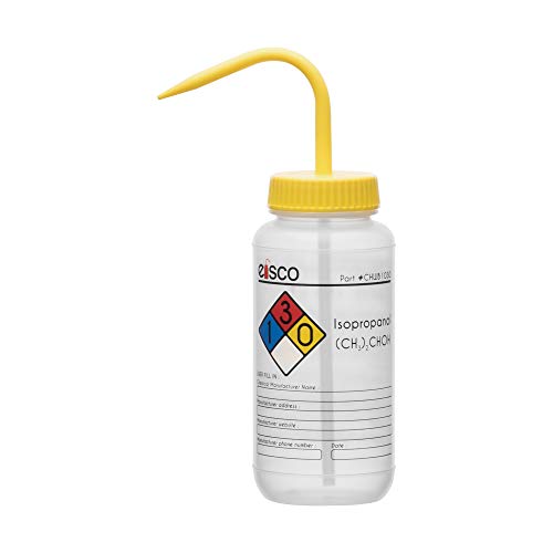 Eisco Labs Waschflasche für Isopropanol, 500 ml, beschriftet mit farbkodierten Chemikalien- und Sicherheitsinformationen (4 Farben), breite Öffnung, selbstentlüftend, Polyethylen mit niedriger Dichte von Eisco
