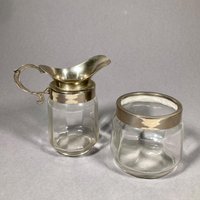 Glas Metall Zucker Und Sahne Jugendstil 1900 Sugar & Cream Zuckerdose Milchkännchen von EisenhoferAntik