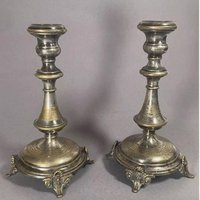 Paar Biedermeier Kerzenhalter Kerzenleuchter Versilbert 19. Jahrhundert Messing Silber Antik von EisenhoferAntik