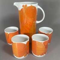 Saftkrug Mit Bechern 70S Design Orange Weiß Thomas Porzellan Vintage von EisenhoferAntik