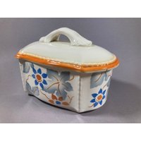 Spritzdekor Dose Keksdose Keramik Orange Blaue Blumen 20Er-30Er Jahre Bauhaus Ära von EisenhoferAntik