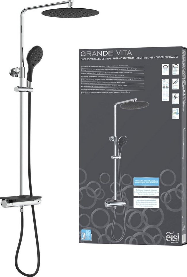 Eisl Brausegarnitur Grande Vita, Höhe 101 cm, Duschsystem mit Thermostat und Ablage, Regendusche mit Wandhalterung von Eisl