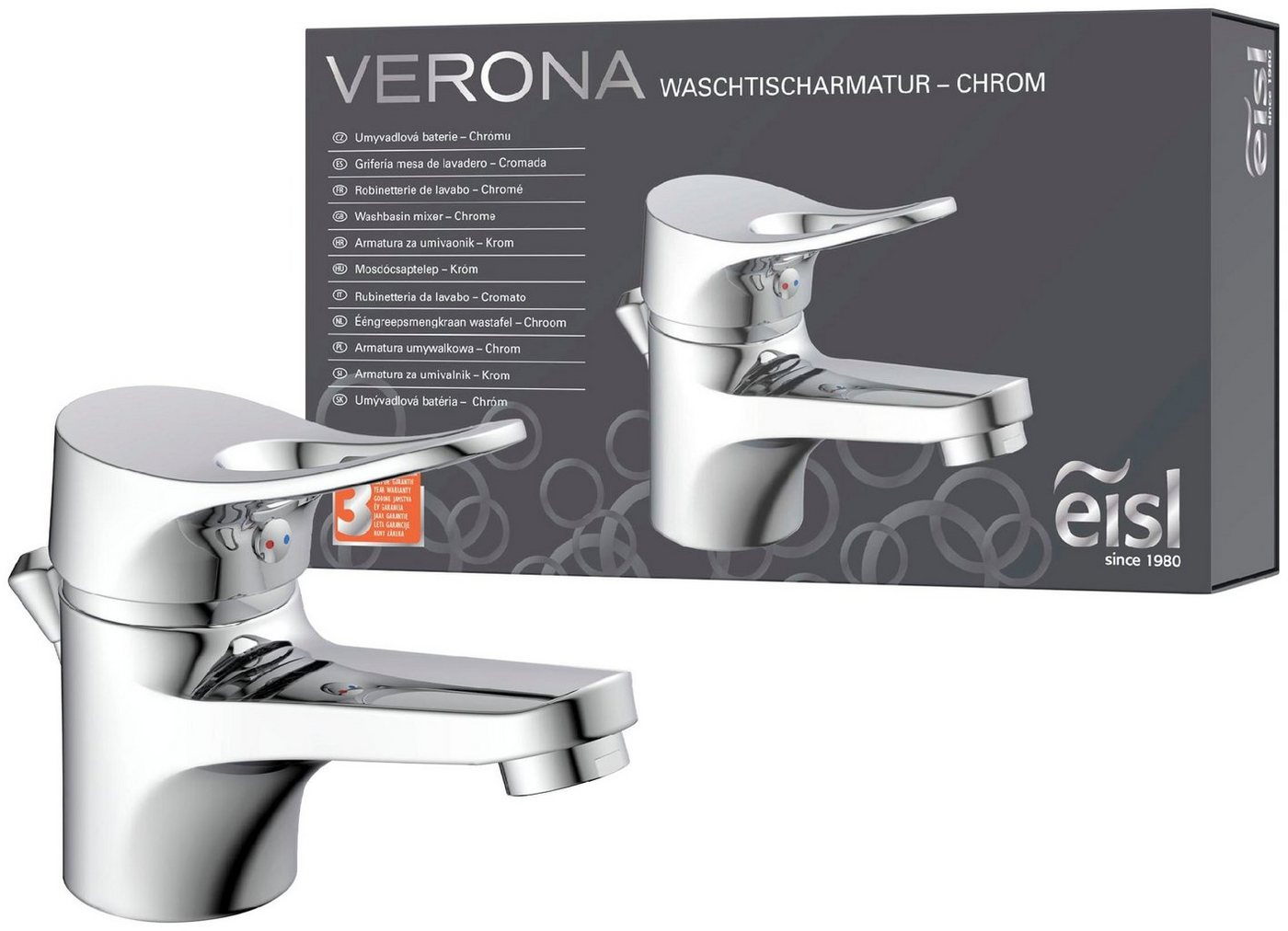 Eisl Waschtischarmatur VERONA mit Zugstange, Wasserhahn mit Ablaufgarnitur, Mischbatterie, Chrom von Eisl