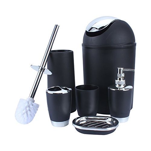 Bad Badezimmer Toiletten Accessoires Set, 6-teiliges Badgarnitur Seifenspender Zahnputzbecher Seifenschale Zahnbürstenhalter Mülleimer Toilettenbürste (Schwarz) von Ejoyous