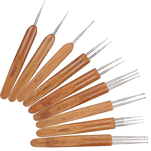 Dreadlock Häkelhaken Set, 9Pcs Einzel Doppel 3 Bambus Griff Zopf Nadelwebhäkelnadel Crochet Hook Dreadlocks Häkeln Haken Werkzeug Set für präzises Nadelweben von Ejoyous