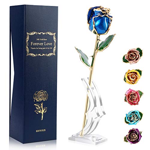 Ejoyous 24 K Gold Rose Ewige Blumenrose mit Ständer Geschenk für Freundin, Tochter, Mutter, Freund, Geburtstag, Hochzeit, Jubiläum, Abschluss, Valentinstag, dunkelblaue Knospen-Rose mit Basis von Ejoyous