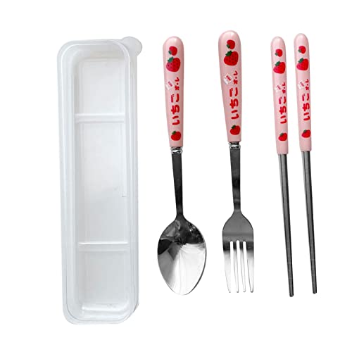 Ejoyous 3 -teiliges Edelstahl -Besteckset, Erdbeermuster Löffel Gabel Stäbchen mit Transparenter Kiste für Haus Im Freien, Vielseitiges Besteck, Praktischer Gebrauch von Ejoyous