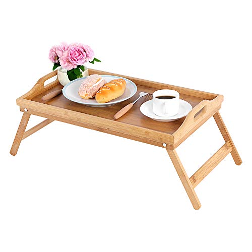 Ejoyous Betttablett Bambus, 63 x 27.3 x 22.5cm klappbar Serviertablett Beistelltisch Frühstückstablett Laptoptablett mit Tragegriffen für Frühstück im Bett Betttablett von Ejoyous