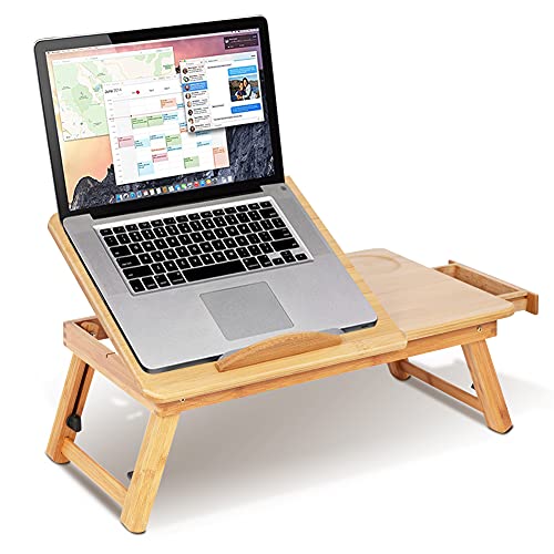 Ejoyous Laptoptisch Schreibtisch, Bambus Höhenverstellbar Tabletttisch Faltbar Notebooktisch Betttisch Laptop-Ständer mit Schublade und und Lüftungsschlitze Frühstückstablett fürs Bett oder Sofa von Ejoyous