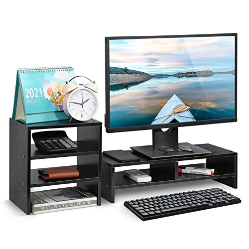 Ejoyous Monitorständer, PC Bildschirm Ständer Mit 3 Schicht Seitlichen Lagergestell 2 Schicht Computermonitor-Riser Laptop Schreibtisch-Organizer, Für Büro Schlafzimmer Wohnzimmer (Schwarze Walnuss) von Ejoyous