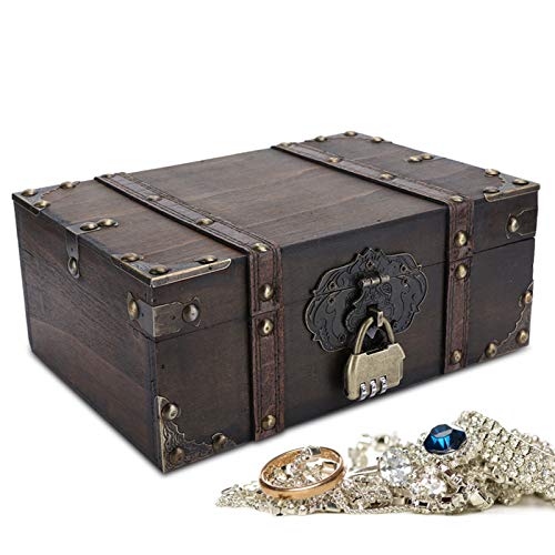 Ejoyous Vintage Holz Schatztruhe, Holztruhe Schatzkiste Geschenk Truhe Piratentruhe Geldtruhe Aufbewahrungsbehälter Wohnzimmer Organizer Truhe für Flur Schlafzimmer (Grau + Schloss) von Ejoyous