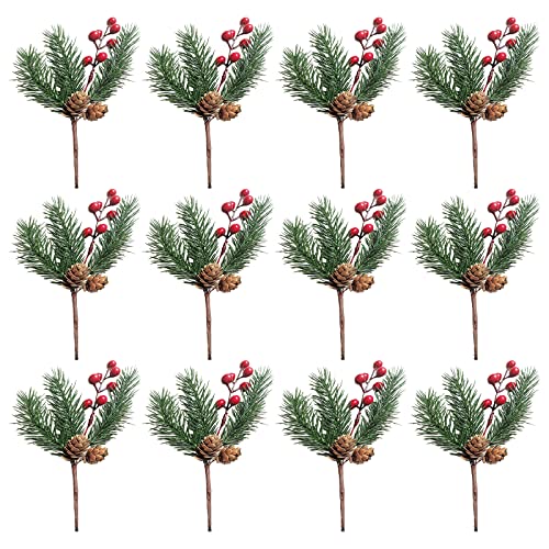 Ejoyous Weihnachten Künstliche Berryzweige 12 Pack Rot Weiße Beeren Stiele Kiefernkegel Picks 23 Cm für Weihnachtsbaumkranz Dekorationen DIY Crafts Hochzeit Home Festival (red) von Ejoyous